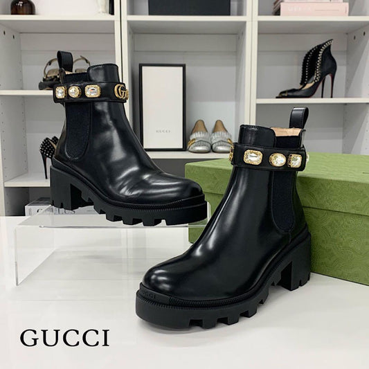Gucci Double Leather Bijoux Belt Side Gore Short Boots
