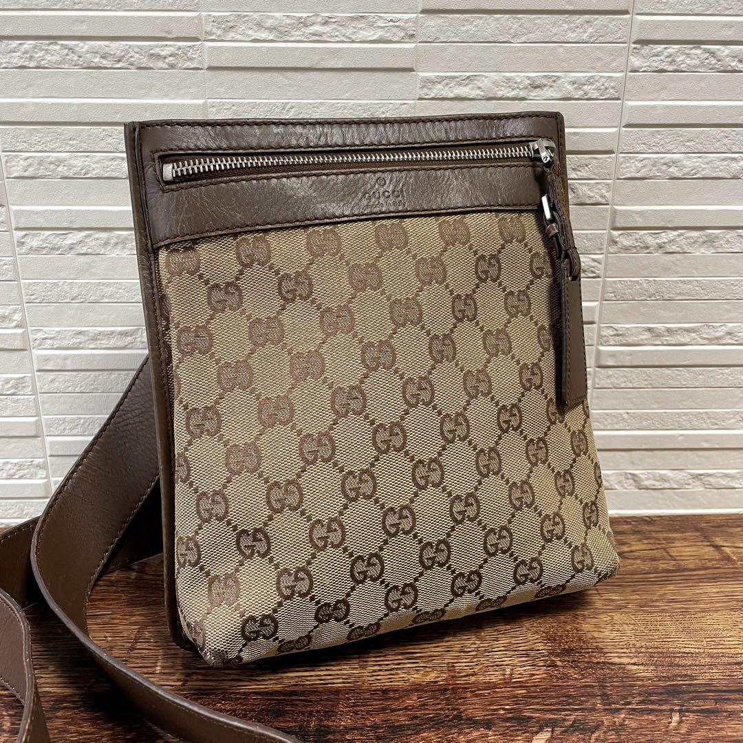 Gucci GG Canvas Leather Shoulder Bag Messenger Brown