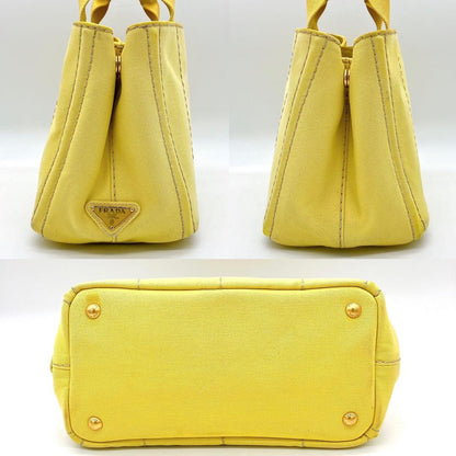 Prada Tote Bag Canapa Triangle Logo Plate Canvas Yellow