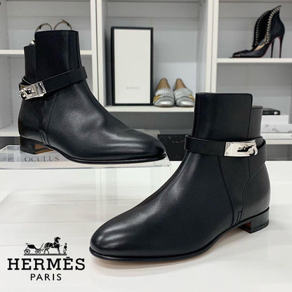 Unused Hermes Neo Leather Kelly Hardware Short Boots Black