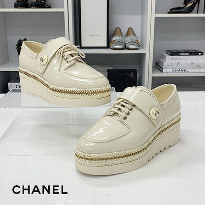 Chanel CC Logo Patent Lace Up Chain Loafers Ivory