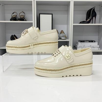 Chanel CC Logo Patent Lace Up Chain Loafers Ivory — view 2