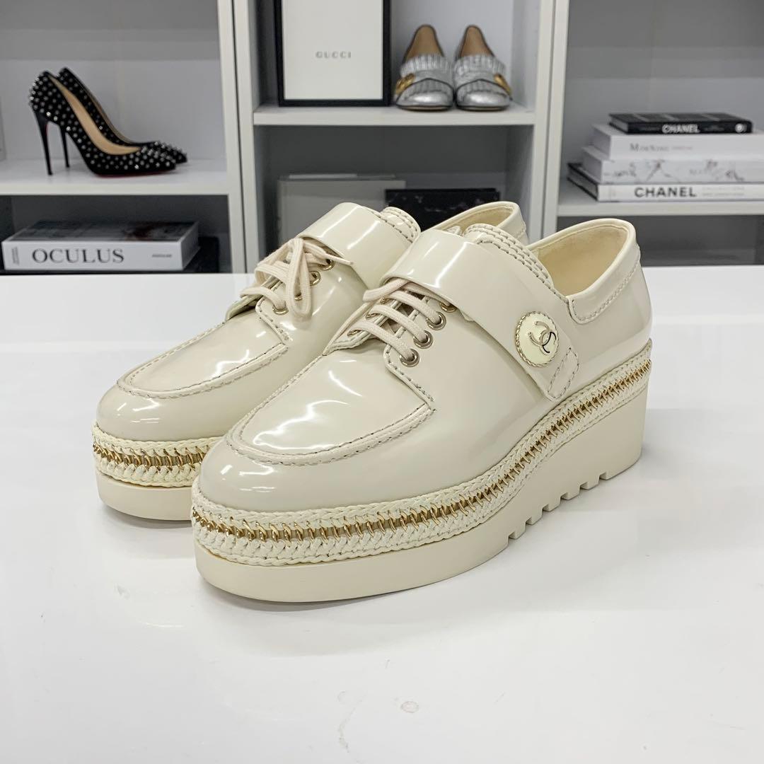Chanel CC Logo Patent Lace Up Chain Loafers Ivory — view 3