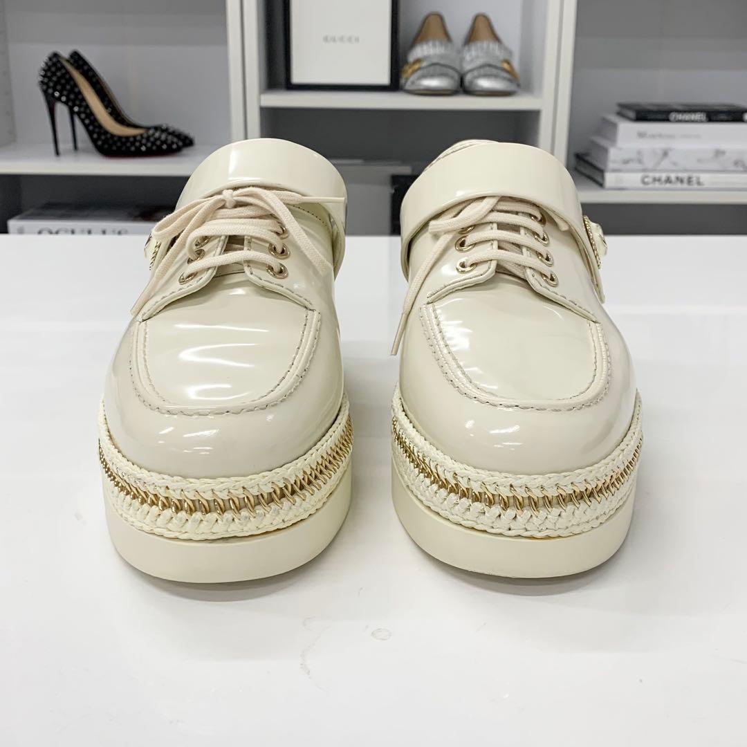Chanel CC Logo Patent Lace Up Chain Loafers Ivory — view 4