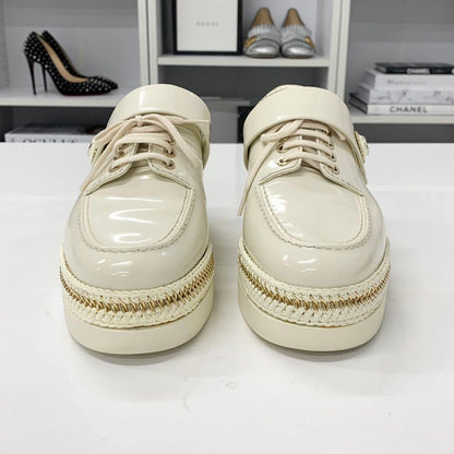 Chanel CC Logo Patent Lace Up Chain Loafers Ivory — view 4