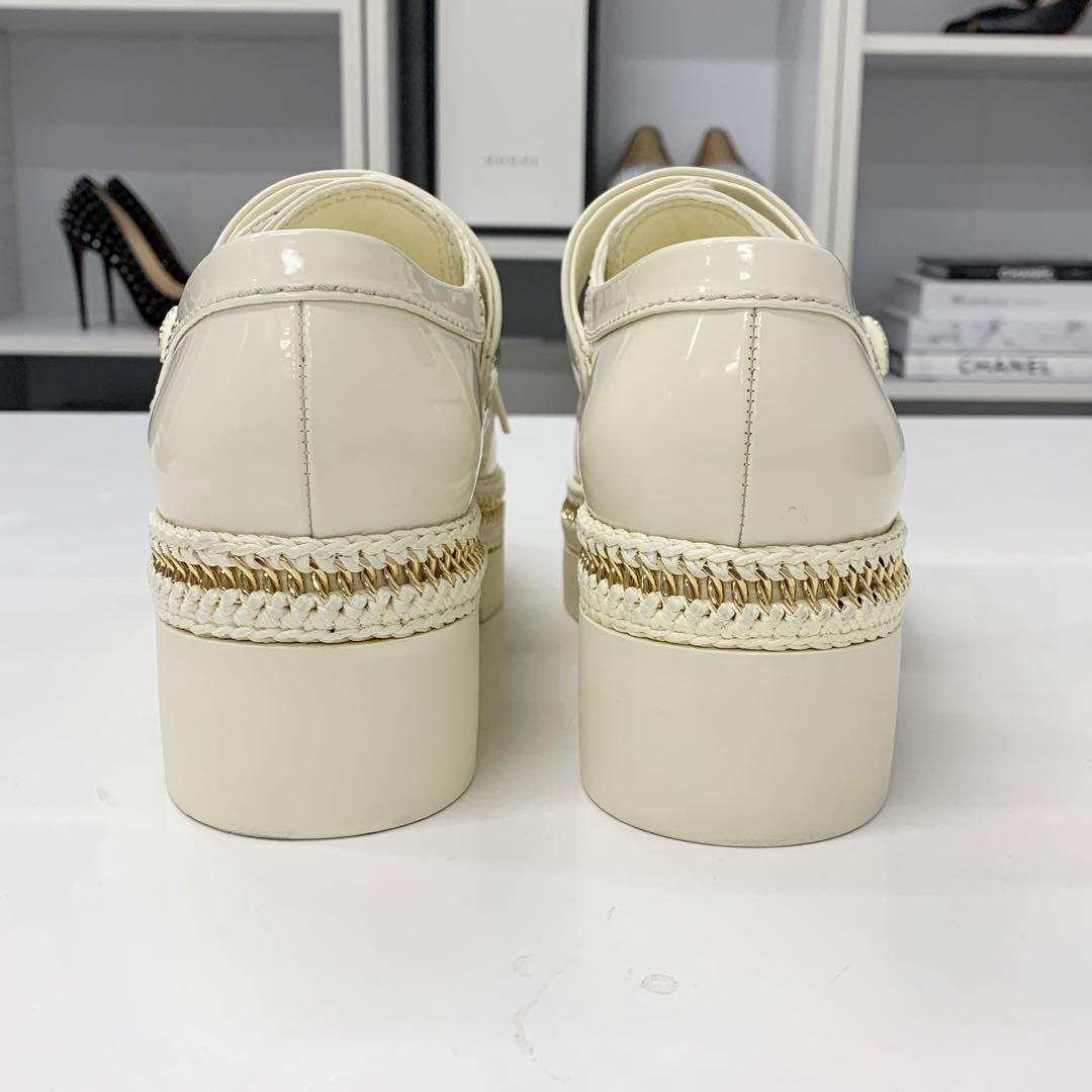 Chanel CC Logo Patent Lace Up Chain Loafers Ivory — view 6