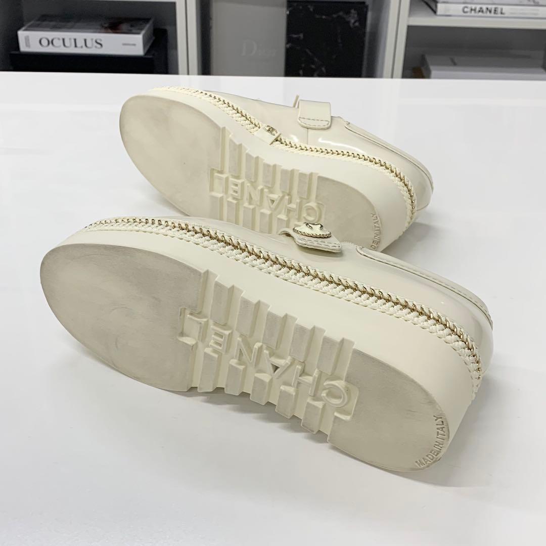 Chanel CC Logo Patent Lace Up Chain Loafers Ivory — view 7
