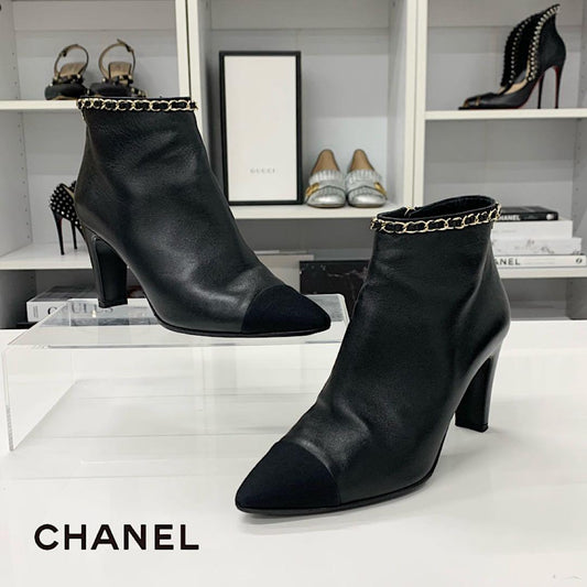 Chanel CC Logo Chain Leather Fabric Short Boots Black