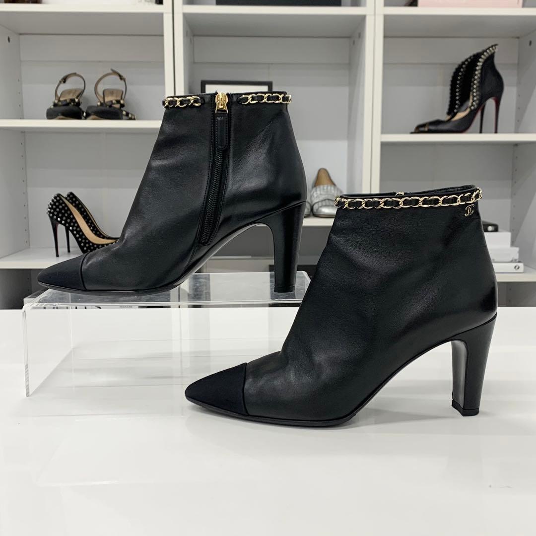 Chanel CC Logo Chain Leather Fabric Short Boots Black — view 2