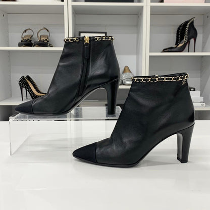 Chanel CC Logo Chain Leather Fabric Short Boots Black — view 2