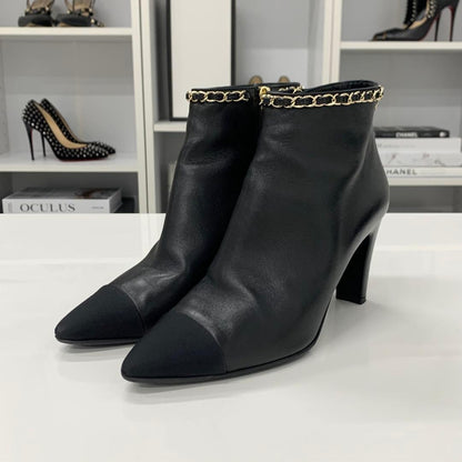 Chanel CC Logo Chain Leather Fabric Short Boots Black — view 3