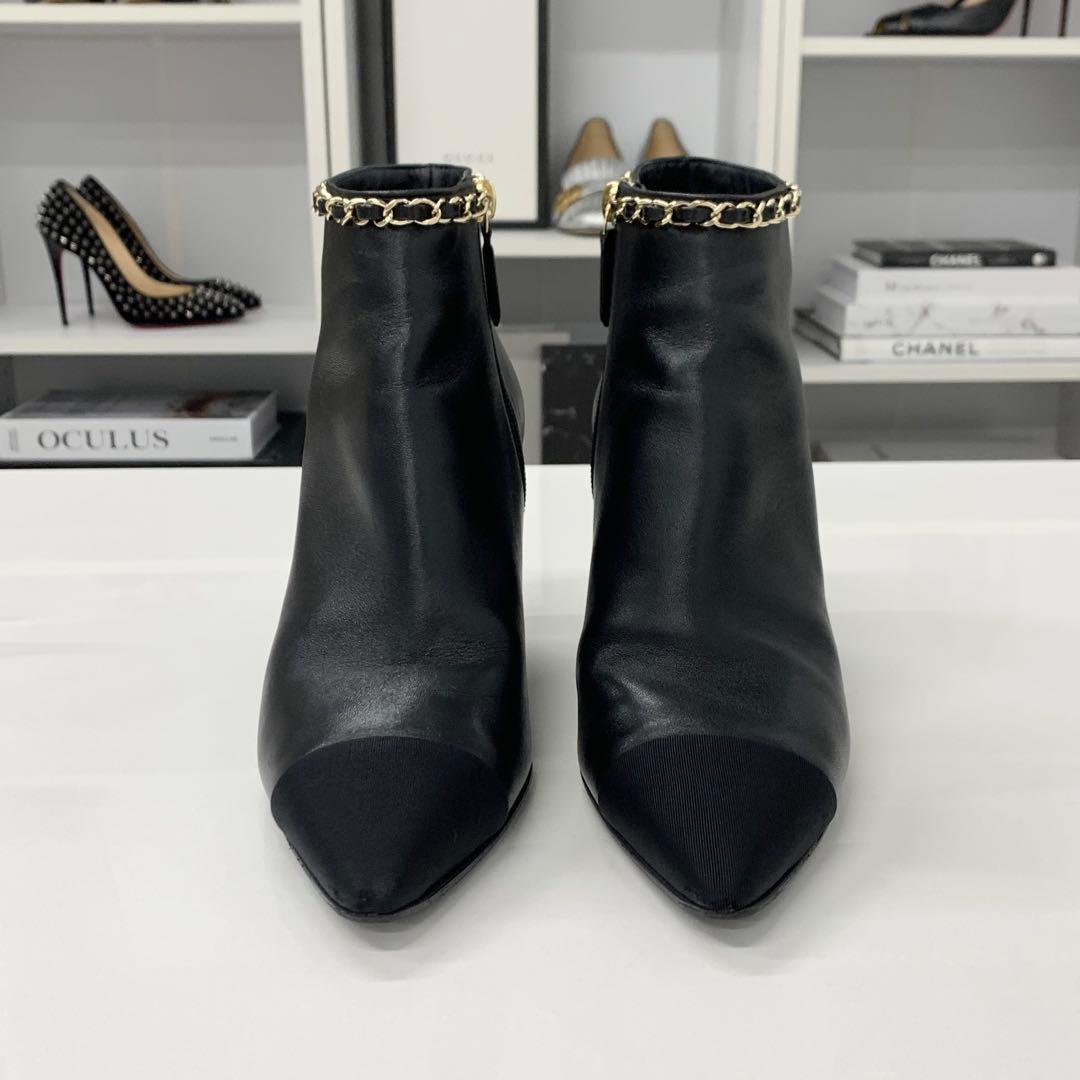 Chanel CC Logo Chain Leather Fabric Short Boots Black — view 4