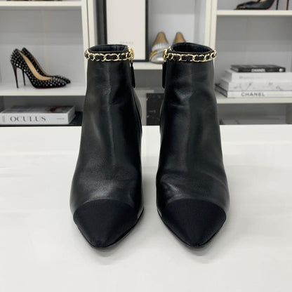 Chanel CC Logo Chain Leather Fabric Short Boots Black — view 4