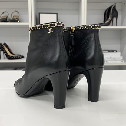 Chanel CC Logo Chain Leather Fabric Short Boots Black — view 5