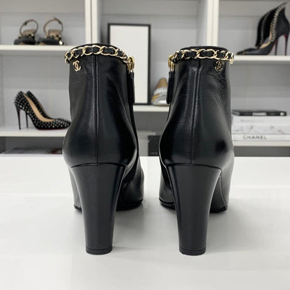 Chanel CC Logo Chain Leather Fabric Short Boots Black — view 6