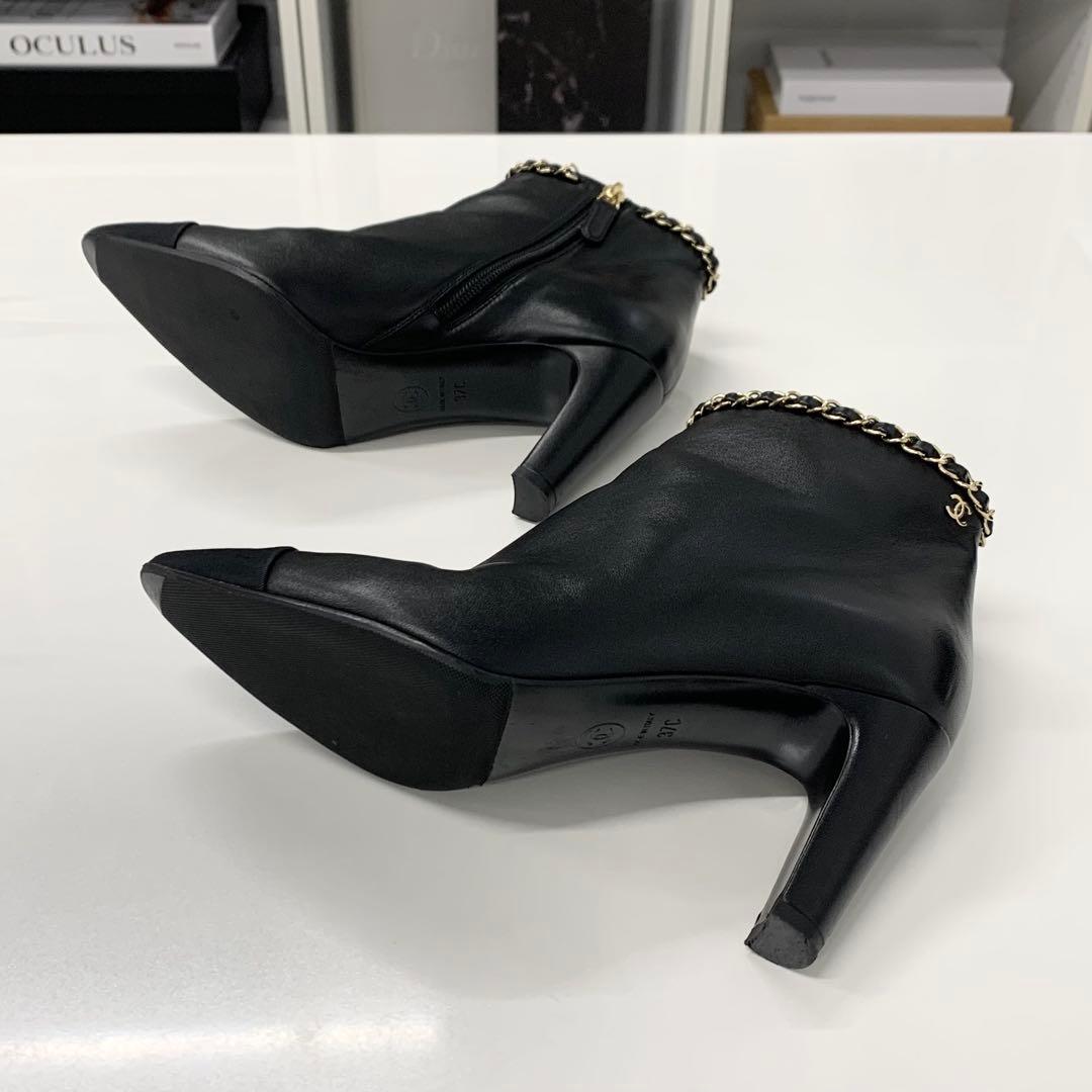 Chanel CC Logo Chain Leather Fabric Short Boots Black — view 7
