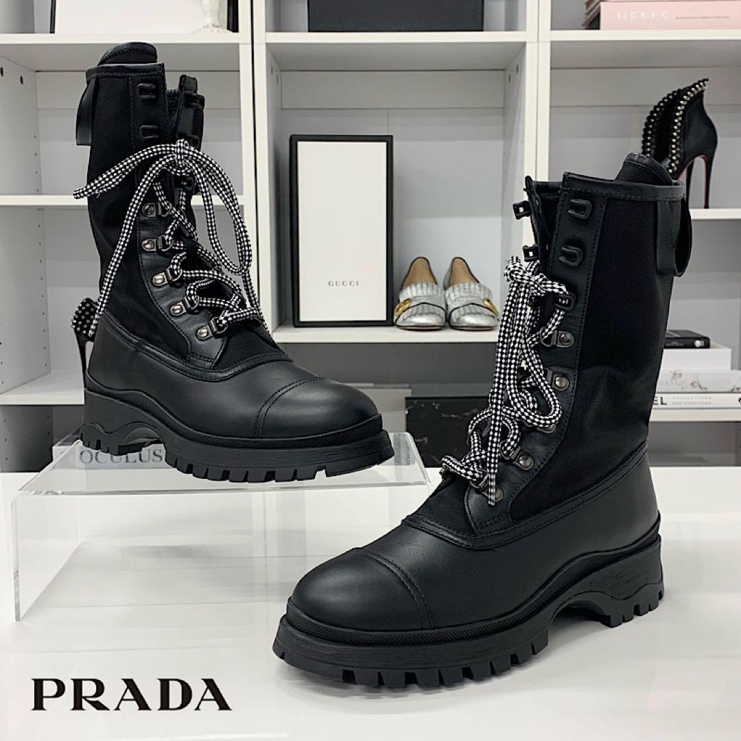 Prada Leather Fabric Logo Lace-up Short Boots Black