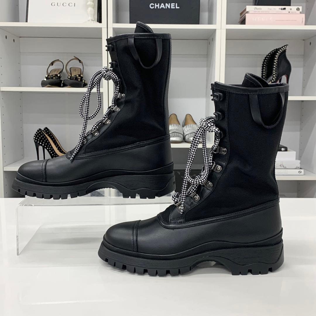 Prada Leather Fabric Logo Lace-up Short Boots Black