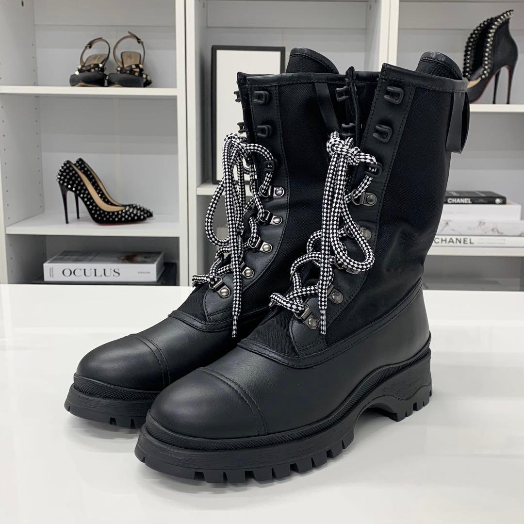 Prada Leather Fabric Logo Lace-up Short Boots Black