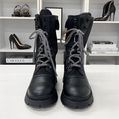 Prada Leather Fabric Logo Lace-up Short Boots Black