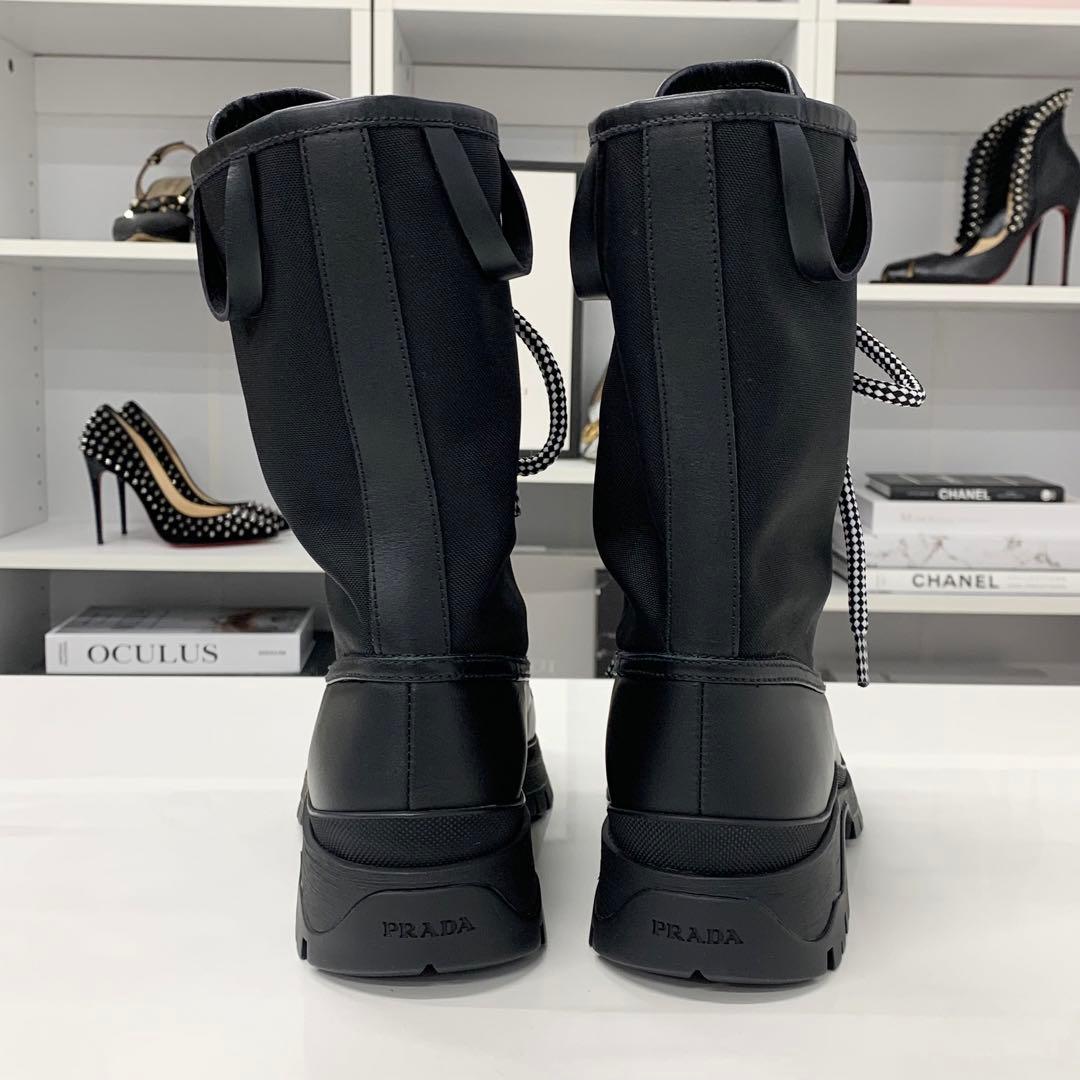 Prada Leather Fabric Logo Lace-up Short Boots Black