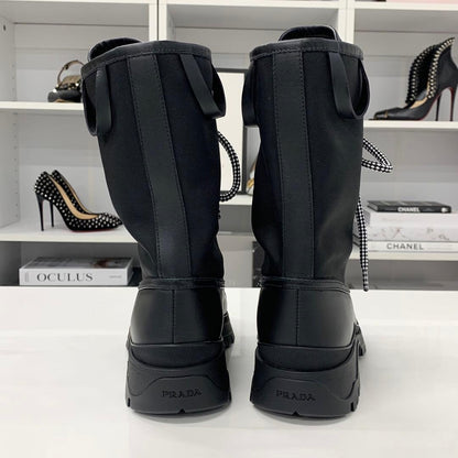 Prada Leather Fabric Logo Lace-up Short Boots Black
