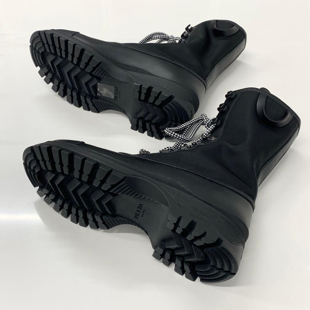 Prada Leather Fabric Logo Lace-up Short Boots Black