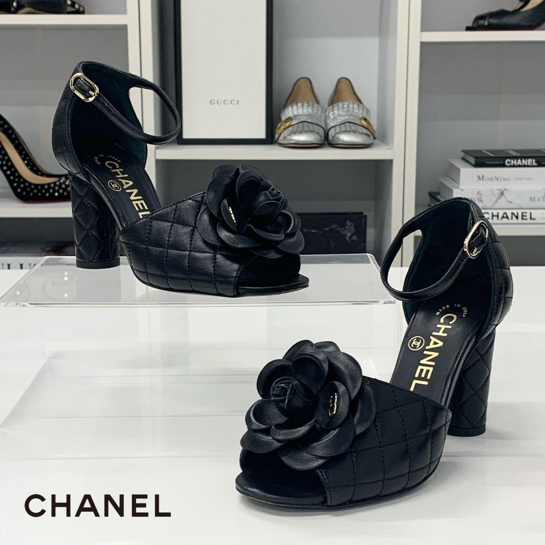 Chanel CC Logo Camellia Quilted Leather Sandals Black