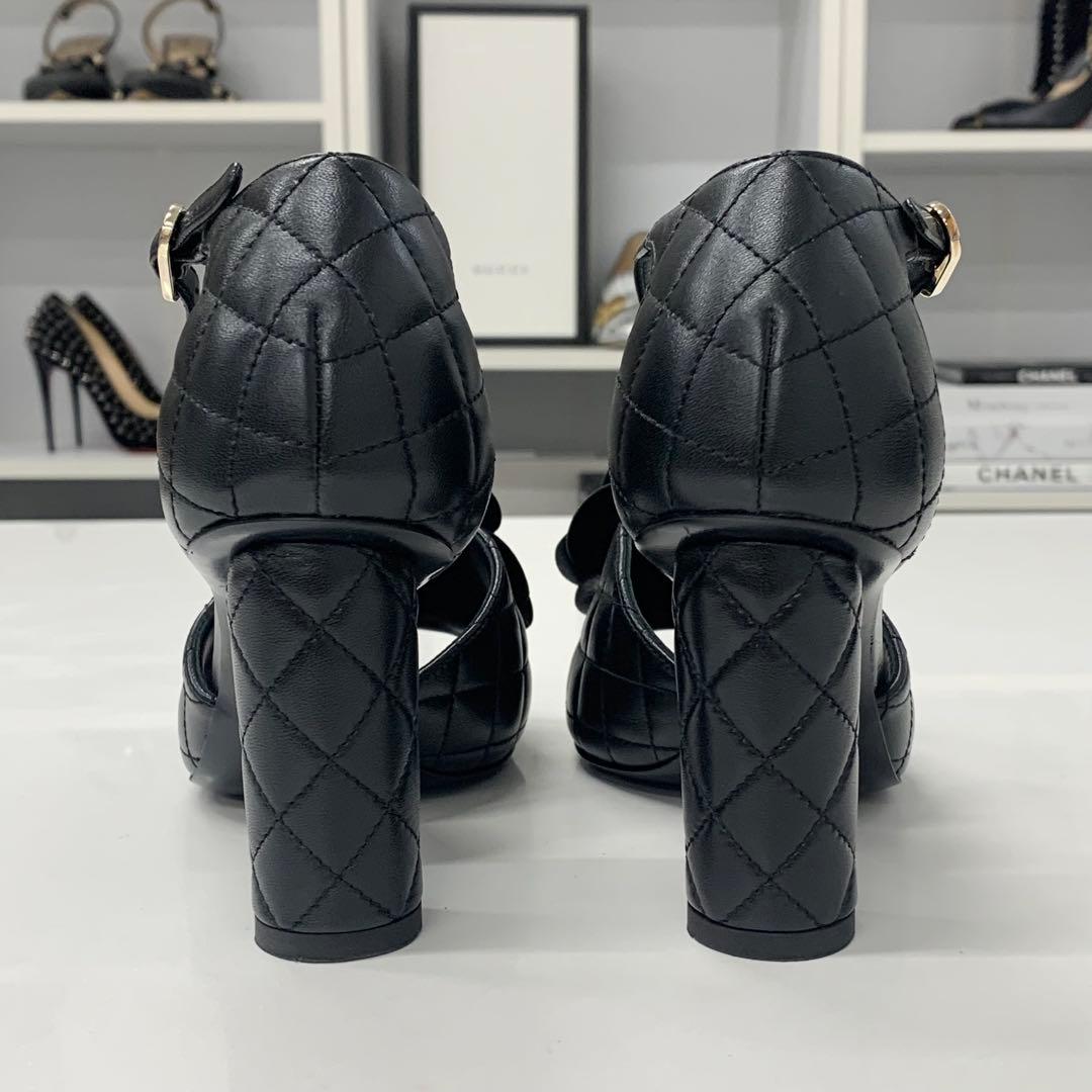Chanel CC Logo Camellia Quilted Leather Sandals Black — view 6