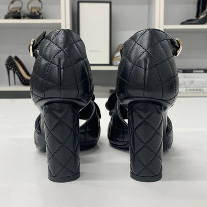 Chanel CC Logo Camellia Quilted Leather Sandals Black — view 6