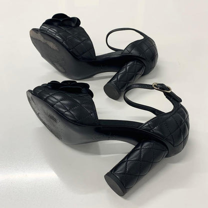 Chanel CC Logo Camellia Quilted Leather Sandals Black — view 7