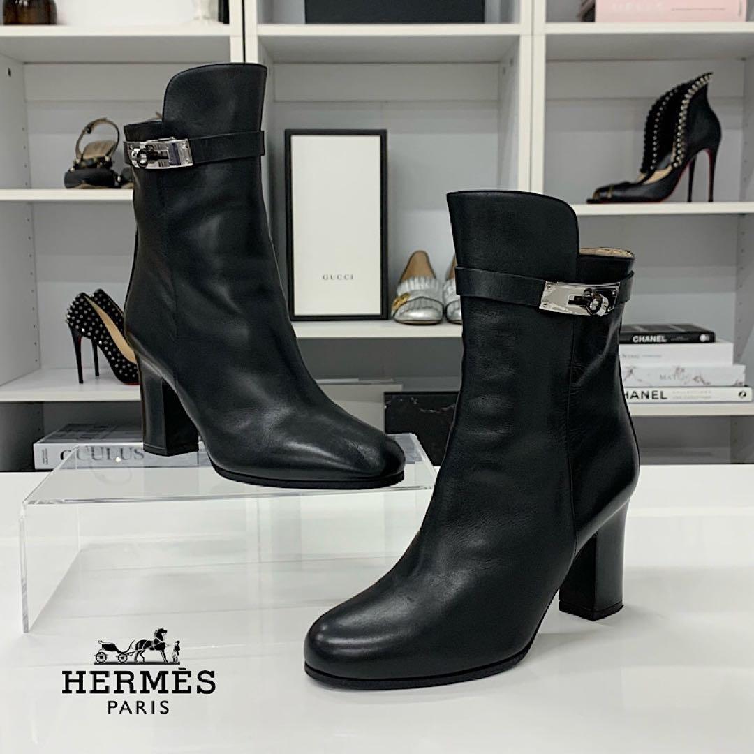Hermes Jewels Kelly Leather Short Boots Black