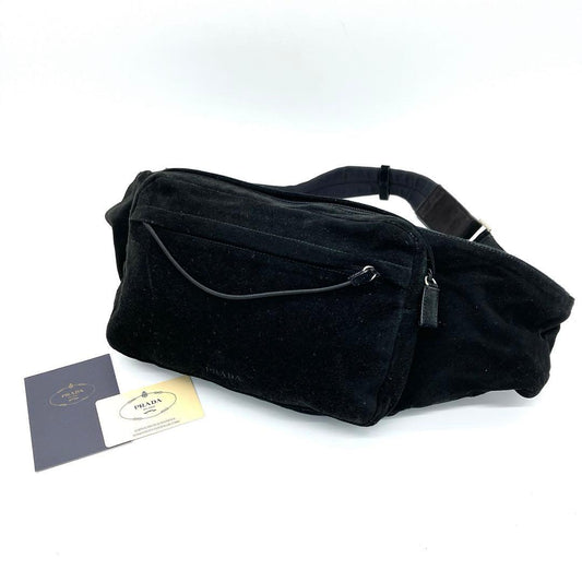 Prada Body Bag Logo Shape Pressed Suede Black