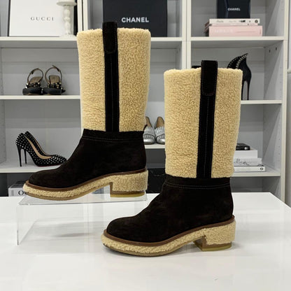 Chanel Shearling Suede CC Logo Long Boots Brown Beige — view 2