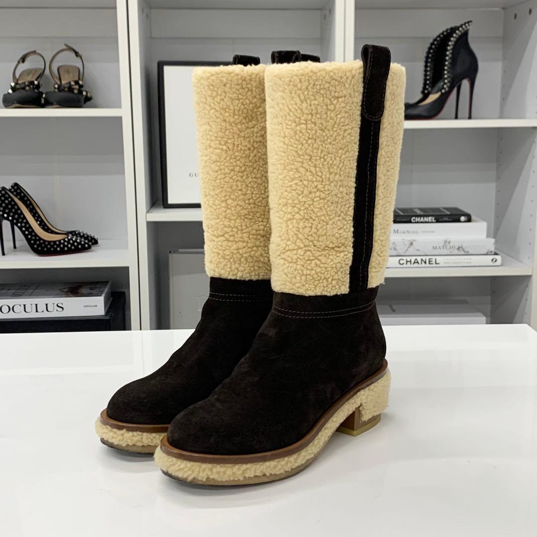Chanel Shearling Suede CC Logo Long Boots Brown Beige — view 3