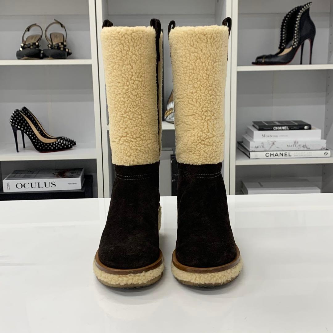 Chanel Shearling Suede CC Logo Long Boots Brown Beige — view 4