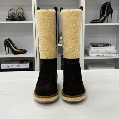 Chanel Shearling Suede CC Logo Long Boots Brown Beige — view 4