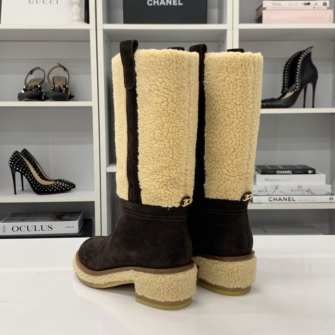 Chanel Shearling Suede CC Logo Long Boots Brown Beige — view 5