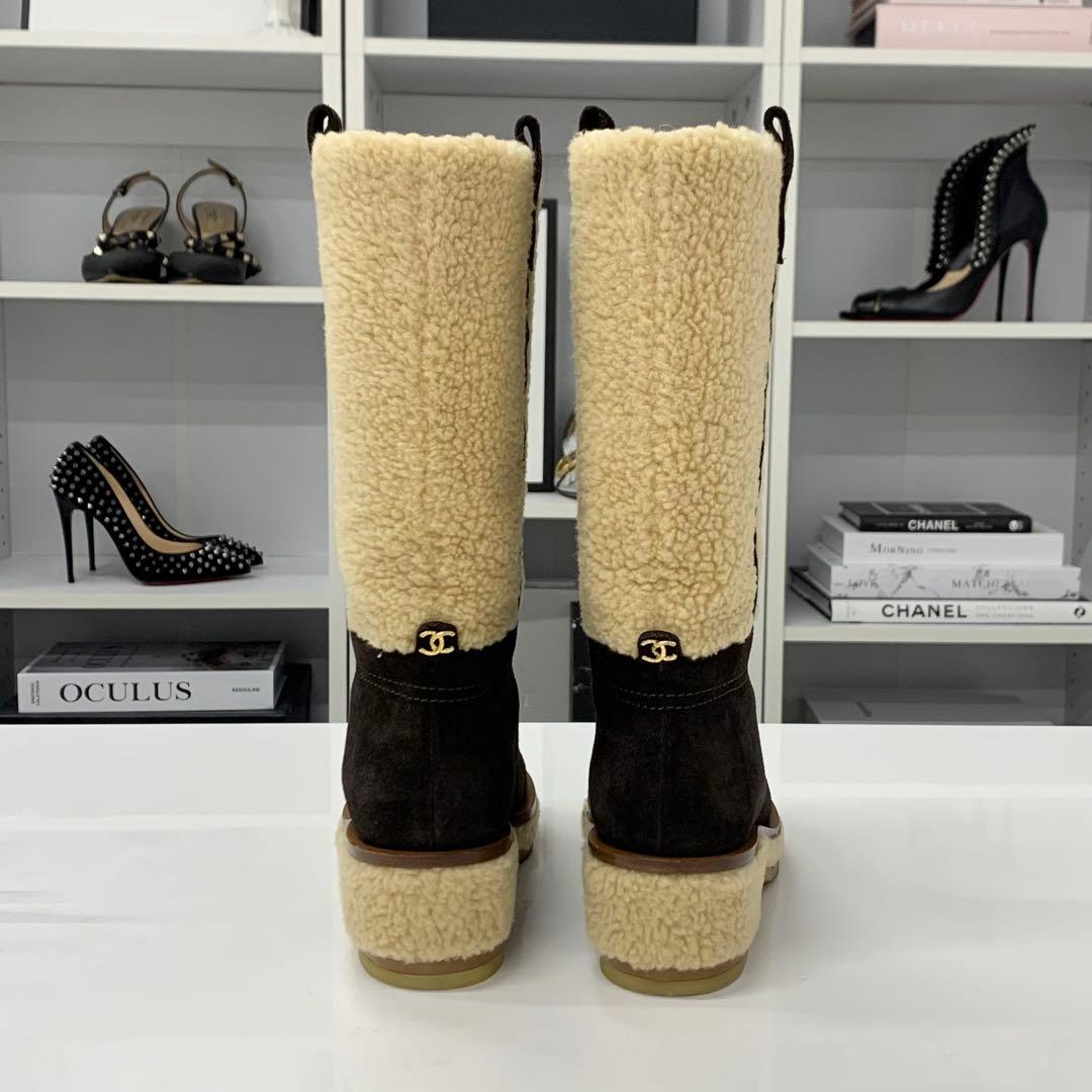 Chanel Shearling Suede CC Logo Long Boots Brown Beige — view 6