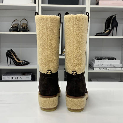 Chanel Shearling Suede CC Logo Long Boots Brown Beige — view 6