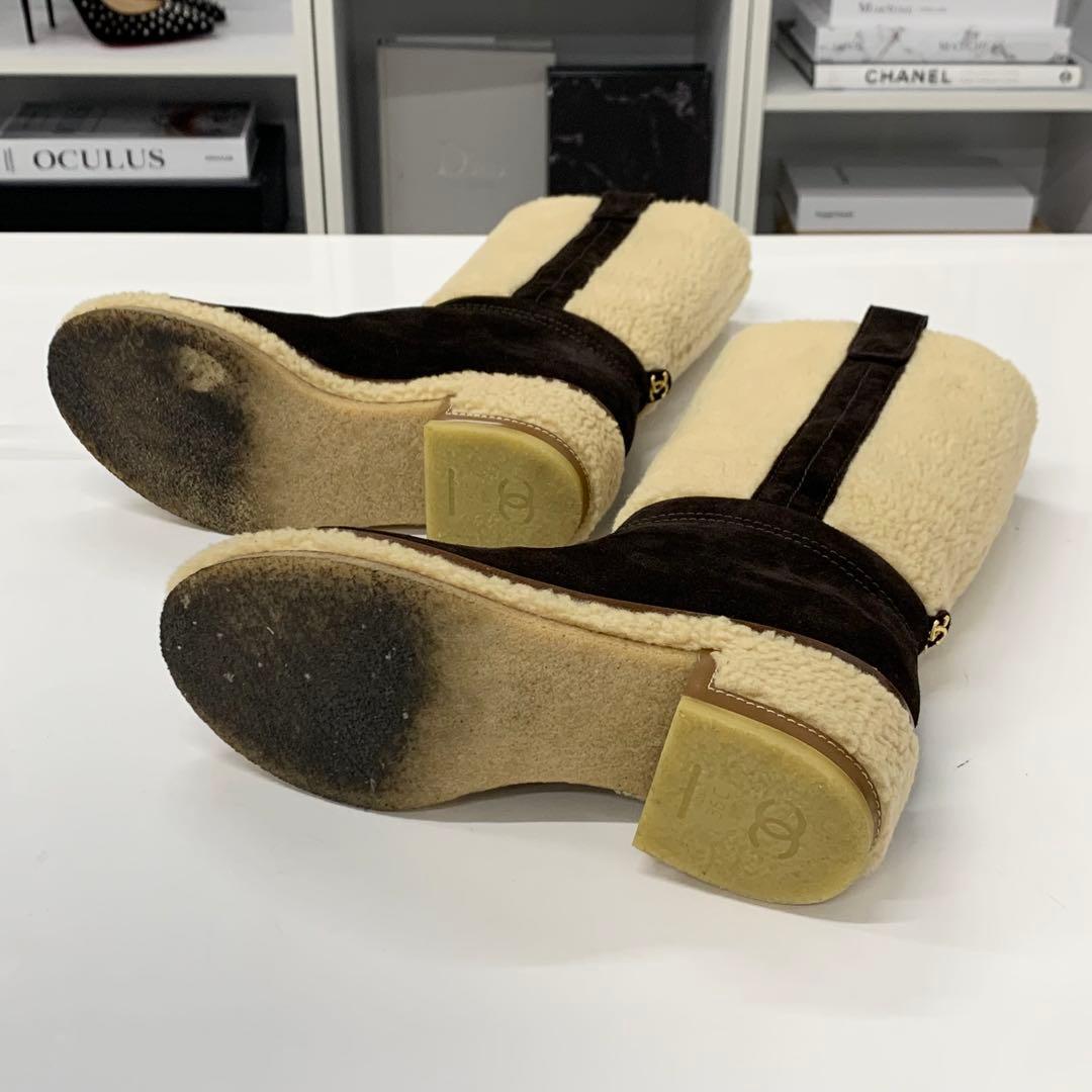 Chanel Shearling Suede CC Logo Long Boots Brown Beige — view 7