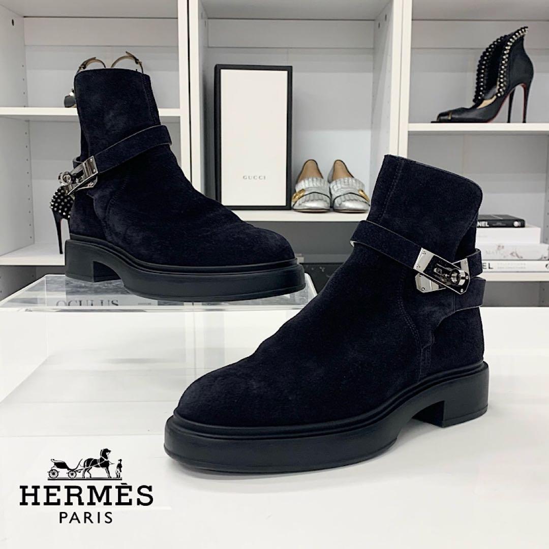 Hermes Veo Suede Mouton Kelly Hardware Short Boots Black