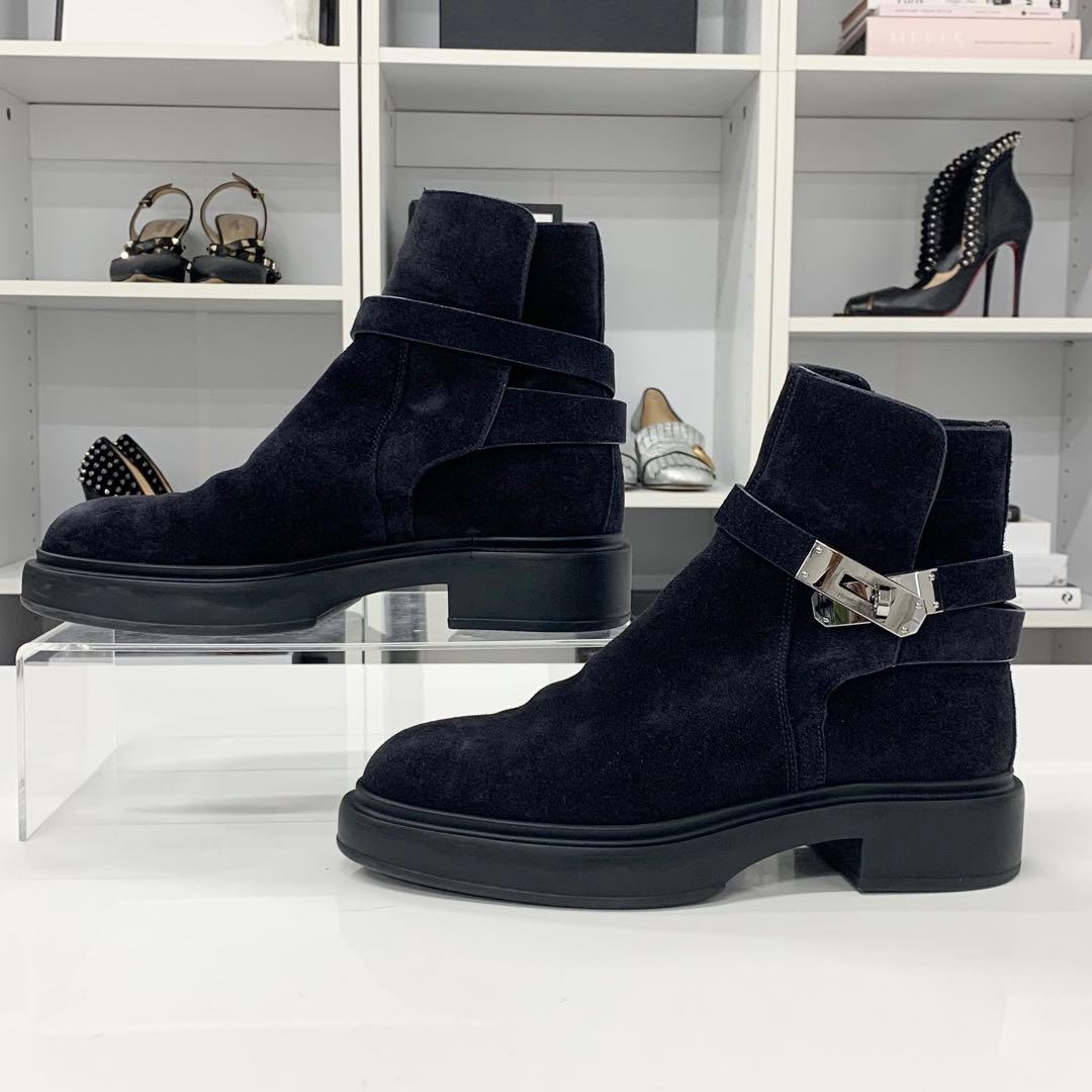 Hermes Veo Suede Mouton Kelly Hardware Short Boots Black