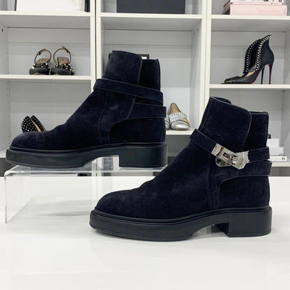 Hermes Veo Suede Mouton Kelly Hardware Short Boots Black