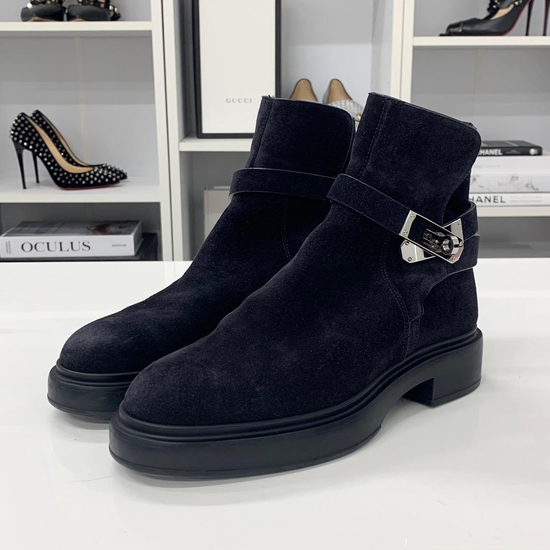 Hermes Veo Suede Mouton Kelly Hardware Short Boots Black