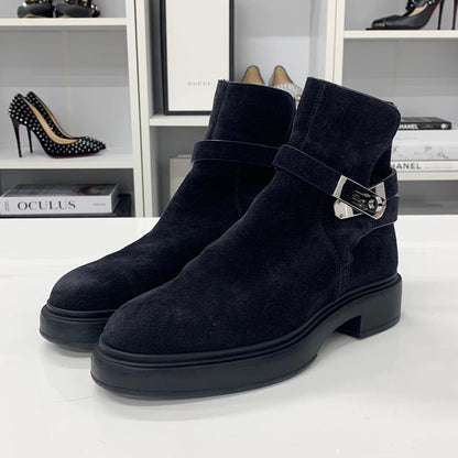Hermes Veo Suede Mouton Kelly Hardware Short Boots Black