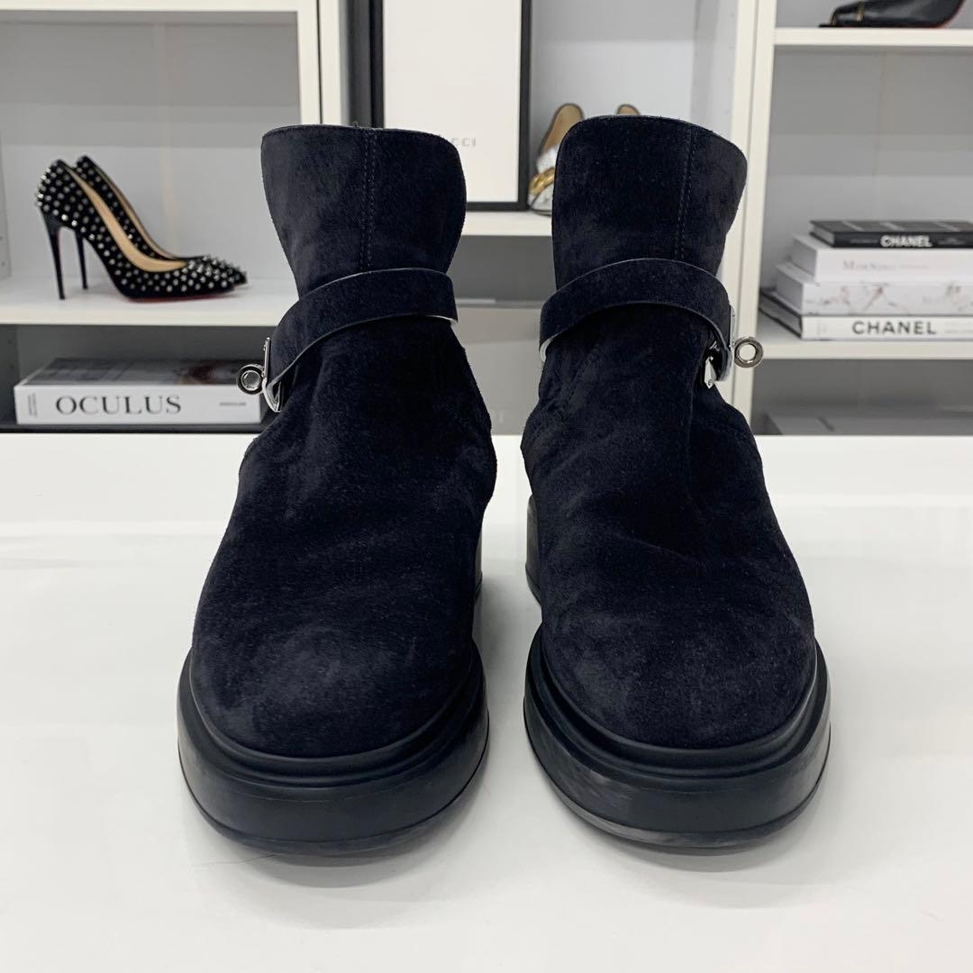 Hermes Veo Suede Mouton Kelly Hardware Short Boots Black