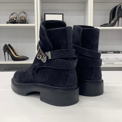 Hermes Veo Suede Mouton Kelly Hardware Short Boots Black