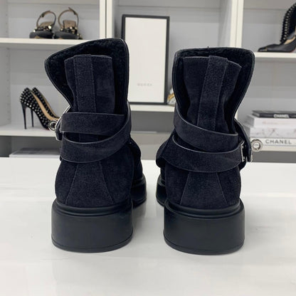 Hermes Veo Suede Mouton Kelly Hardware Short Boots Black