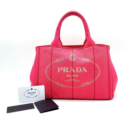 Prada Tote Bag Denim Bag Canapa Triangle Logo Plate Pink